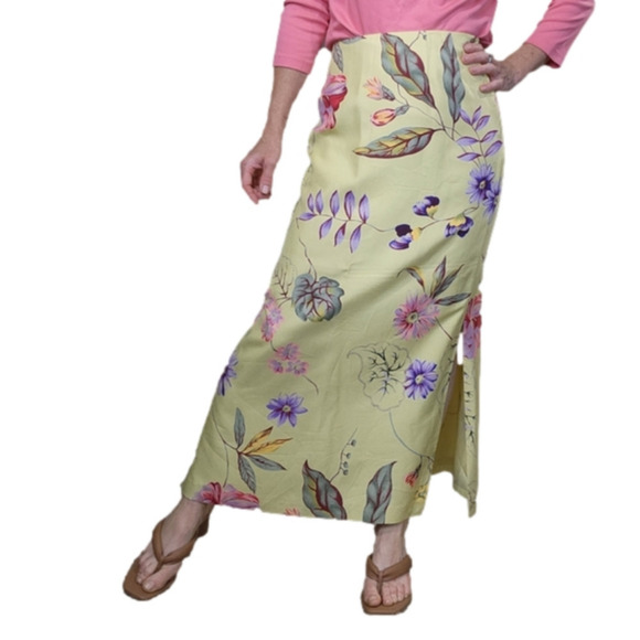 Maxi skirt 100% Silk floral print Yellow & Pink colors DONNA MORGAN - Picture 6 of 13